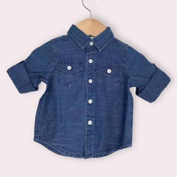 NWT Janie and Jack shirt roll-cuff navy blue striped button up size 3-6 months - Picture 2 of 11